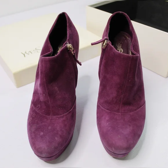 Yves Saint Laurent Plum Suede Platform Booties - Picture 2 of 15